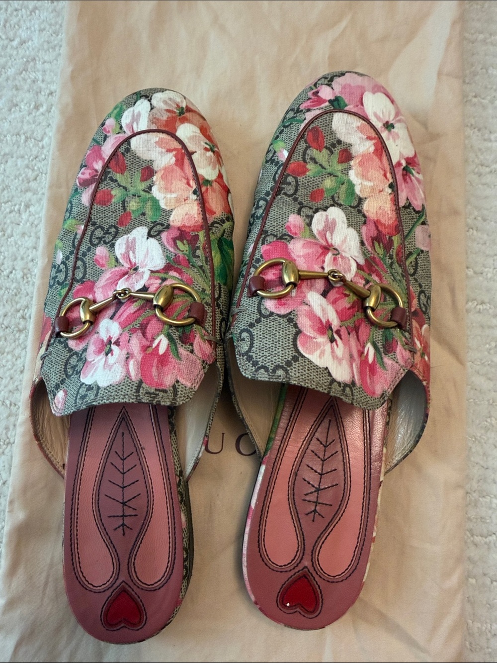 Gucci Floral GG supreme Canvas Horsebit Mules in Pink, Green and Gray size 38